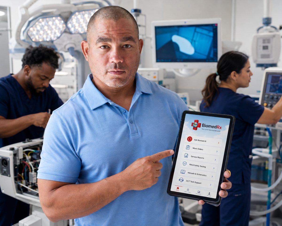 Technician holding the BiomedRx app service record on a tablet in an operating room with an imaging display behind