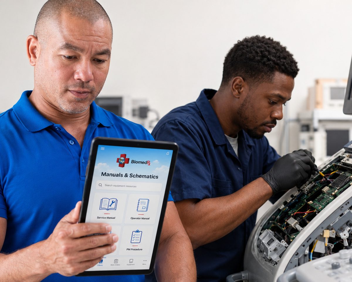 Technician holding the BiomedRx app manuals screen while a colleague works inside an opened patient monitor