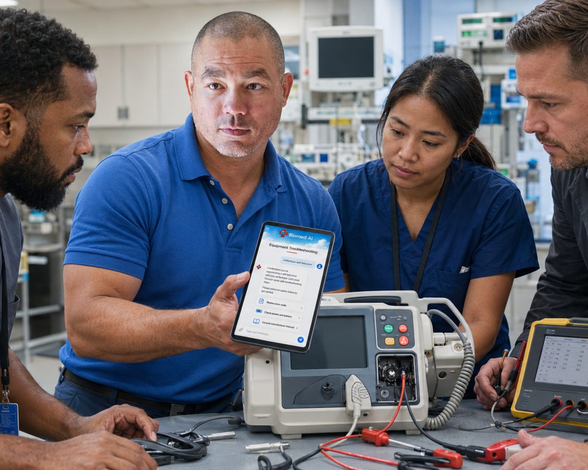 Technician holding a tablet running the BiomedRx app while colleagues review a defibrillator and test leads on the bench
