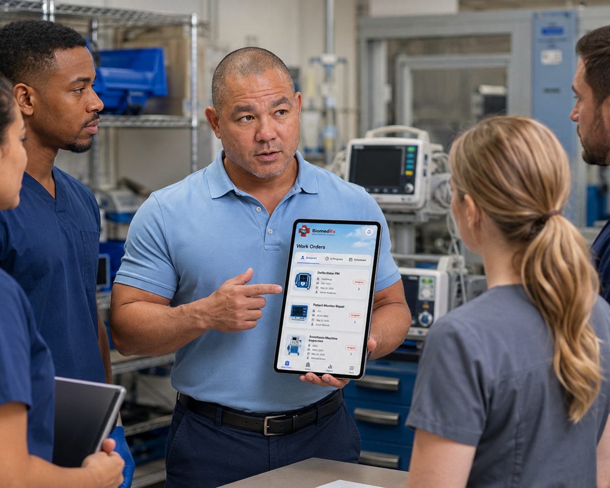 Technician showing BiomedRx app work orders to a nurse and a colleague beside monitoring equipment