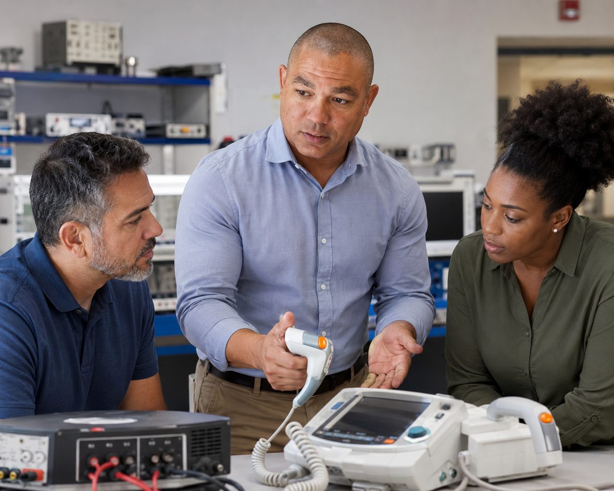 Devin Leads a Defibrillator Testing Workshop