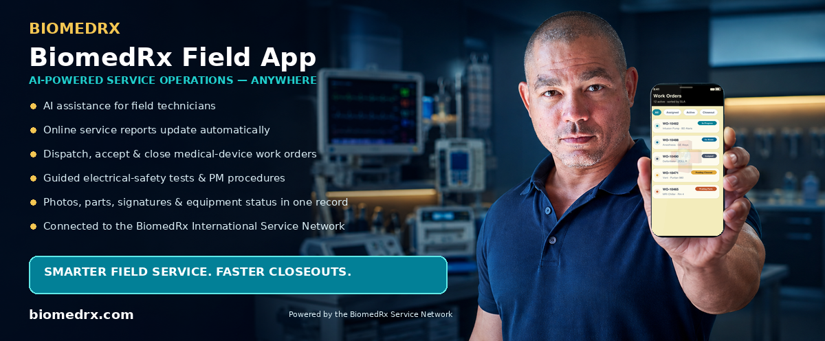 BiomedRx Field — AI-powered field-service mobile app; automatic online service reports, work-order dispatch, and closeout