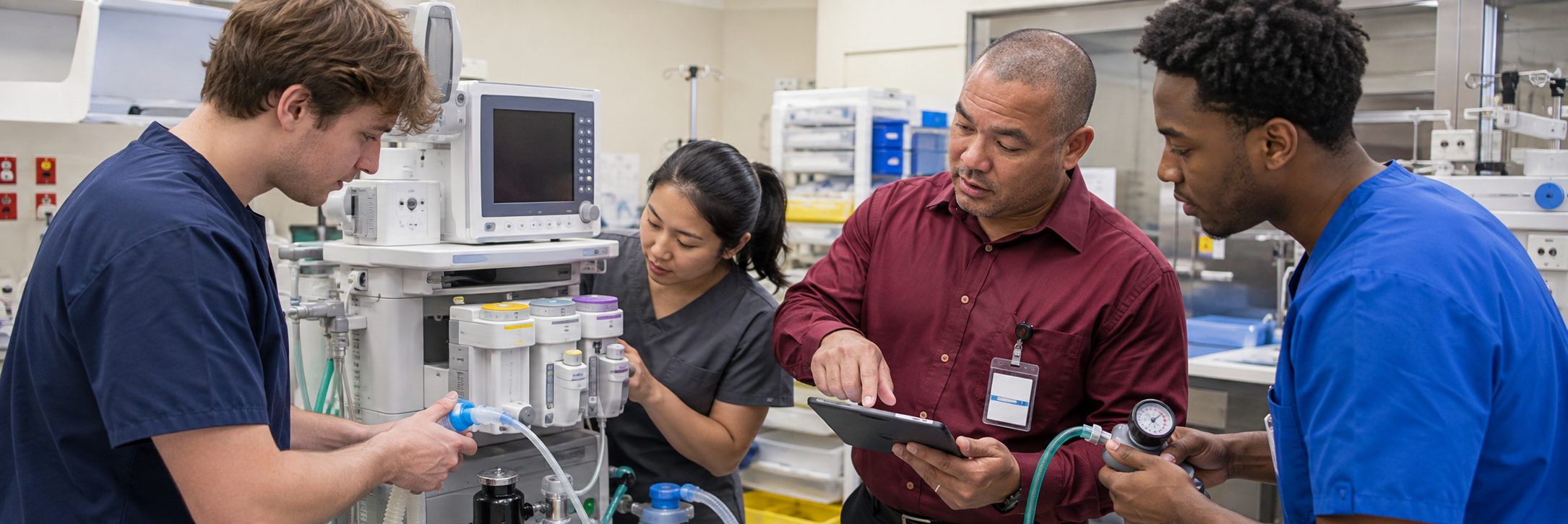 Biomedical equipment technicians performing anesthesia machine preventive maintenance