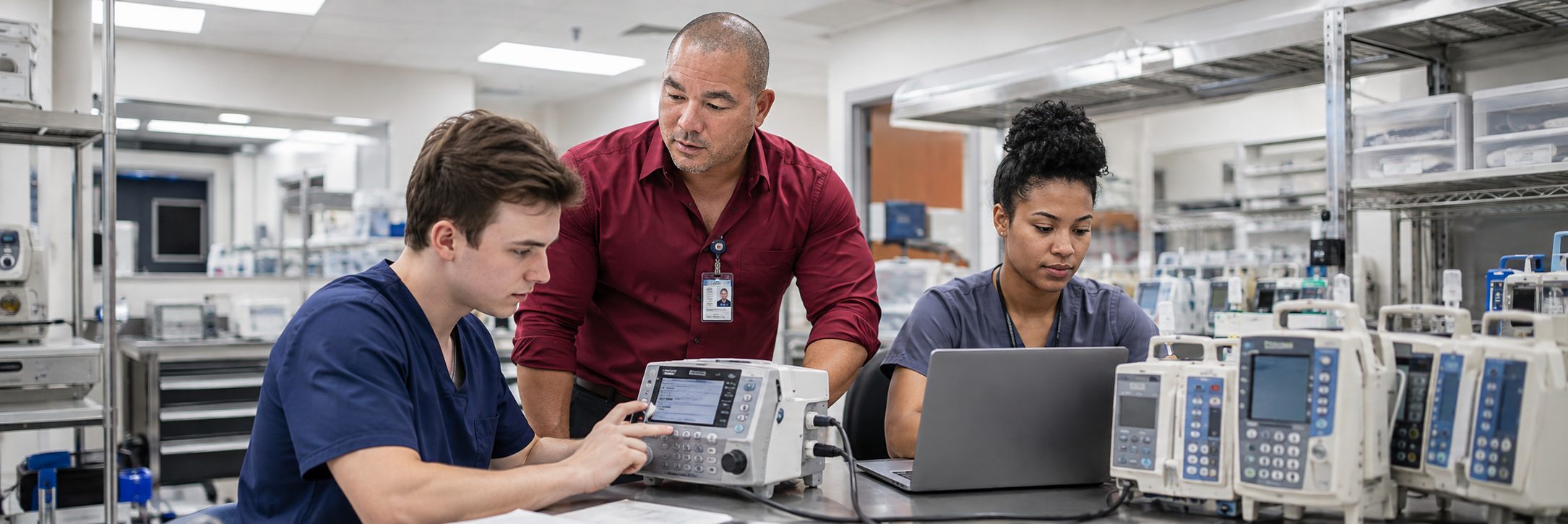 Biomedical equipment technicians performing anesthesia machine preventive maintenance