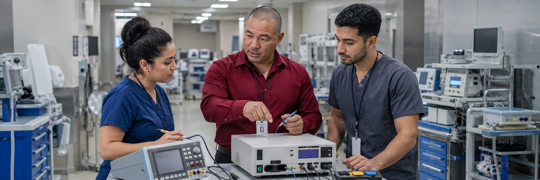 Biomedical equipment technicians performing anesthesia machine preventive maintenance