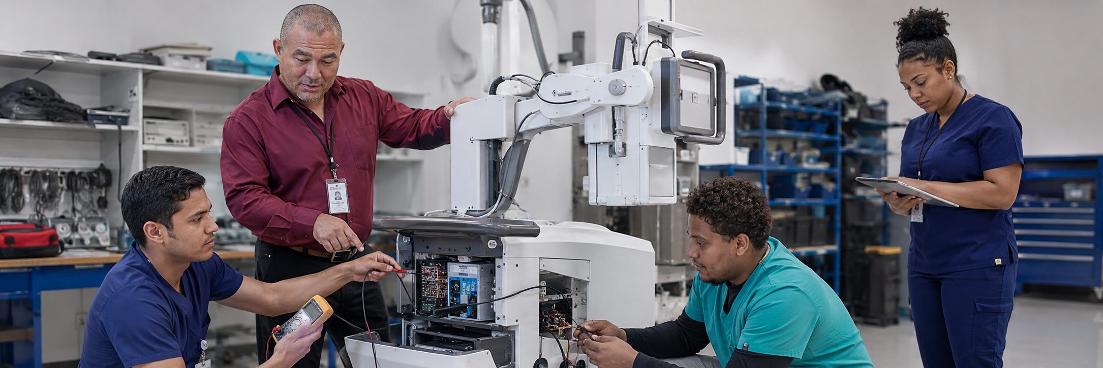 Biomedical equipment technicians performing anesthesia machine preventive maintenance