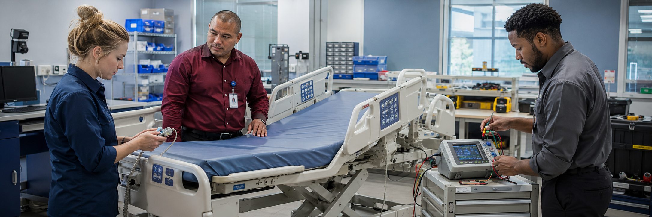 Biomedical equipment technicians performing anesthesia machine preventive maintenance