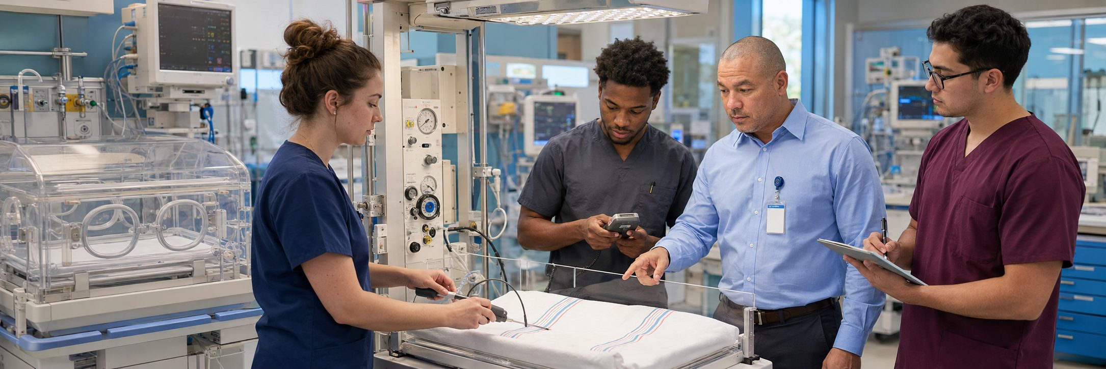 Biomedical equipment technicians training on anesthesia machine service procedures