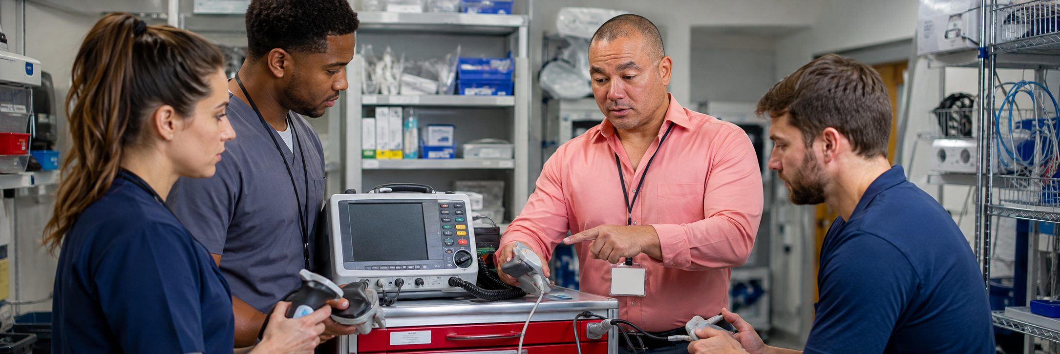 Biomedical equipment technicians training on anesthesia machine service procedures