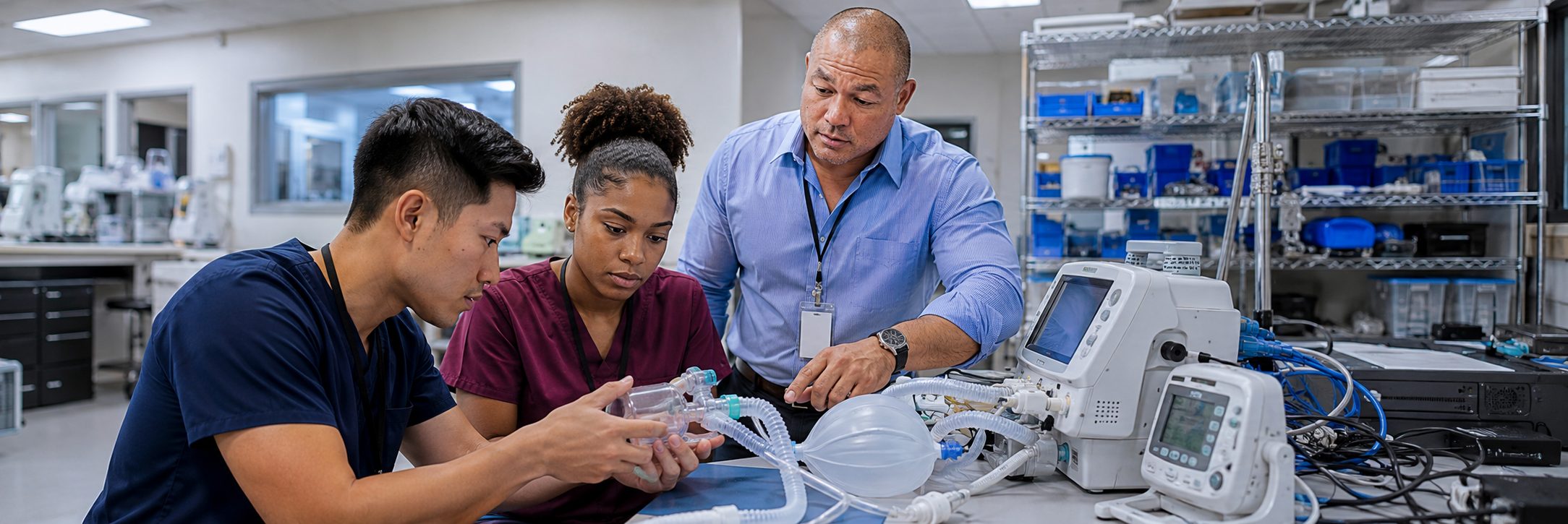 Biomedical equipment technicians training on anesthesia machine service procedures