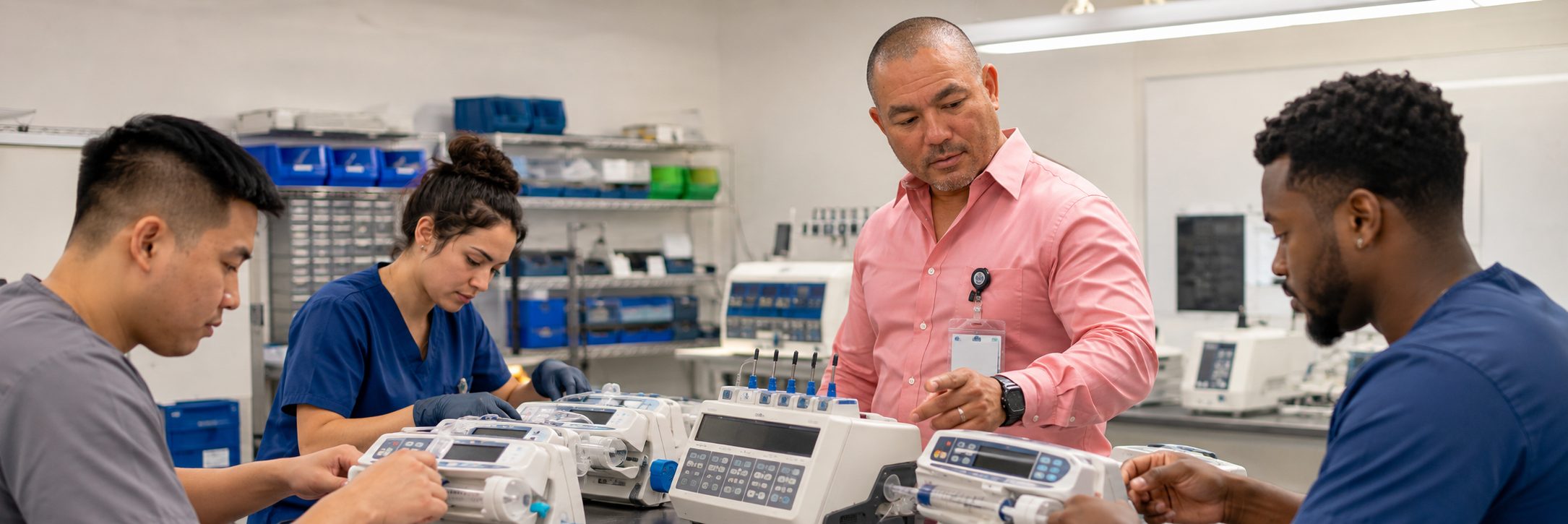 Biomedical equipment technicians training on anesthesia machine service procedures