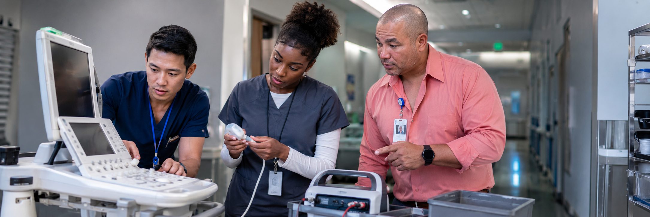 Biomedical equipment technicians training on anesthesia machine service procedures