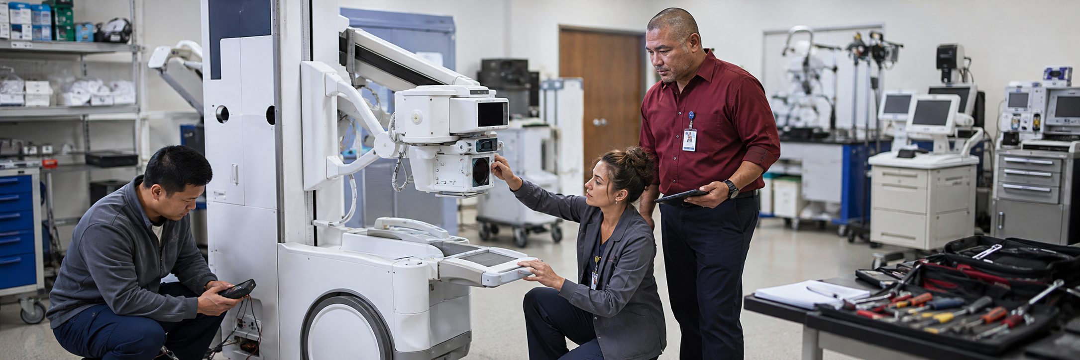 Biomedical equipment repair and bench calibration | BiomedRx HTM services Biomedical equipment repair shop bench calibration with an electrical safety analyzer