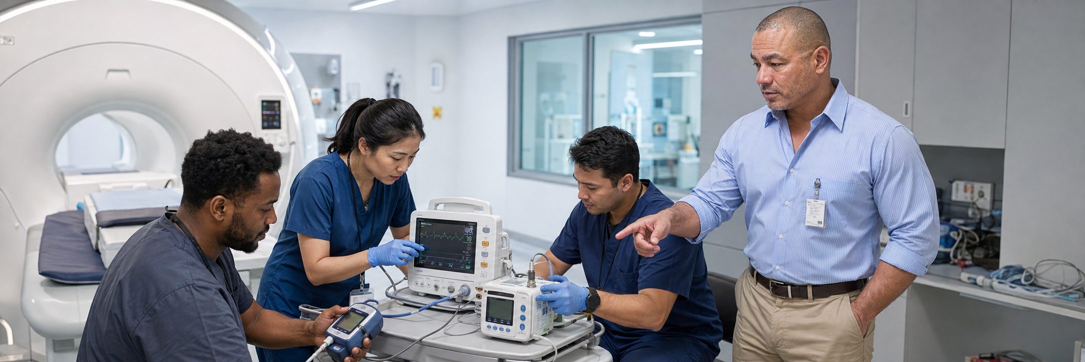 Biomedical technicians performing infusion pump preventive maintenance in an infusion suite