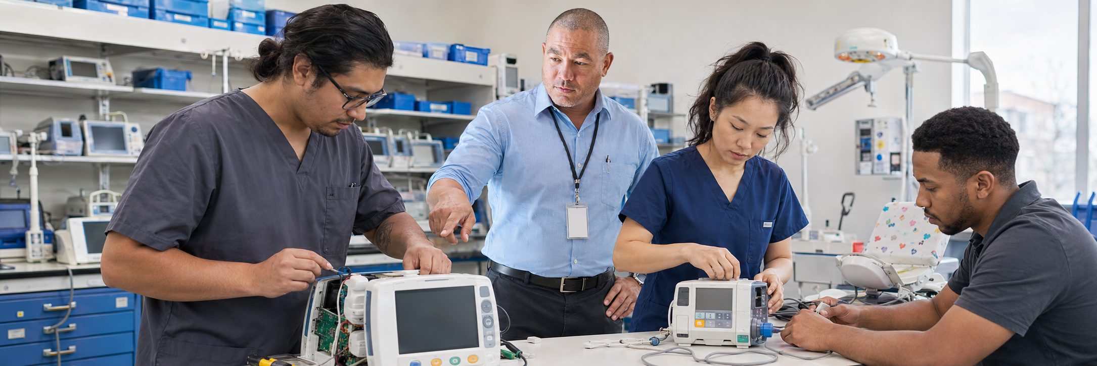 Biomedical technicians performing infusion pump preventive maintenance in an infusion suite