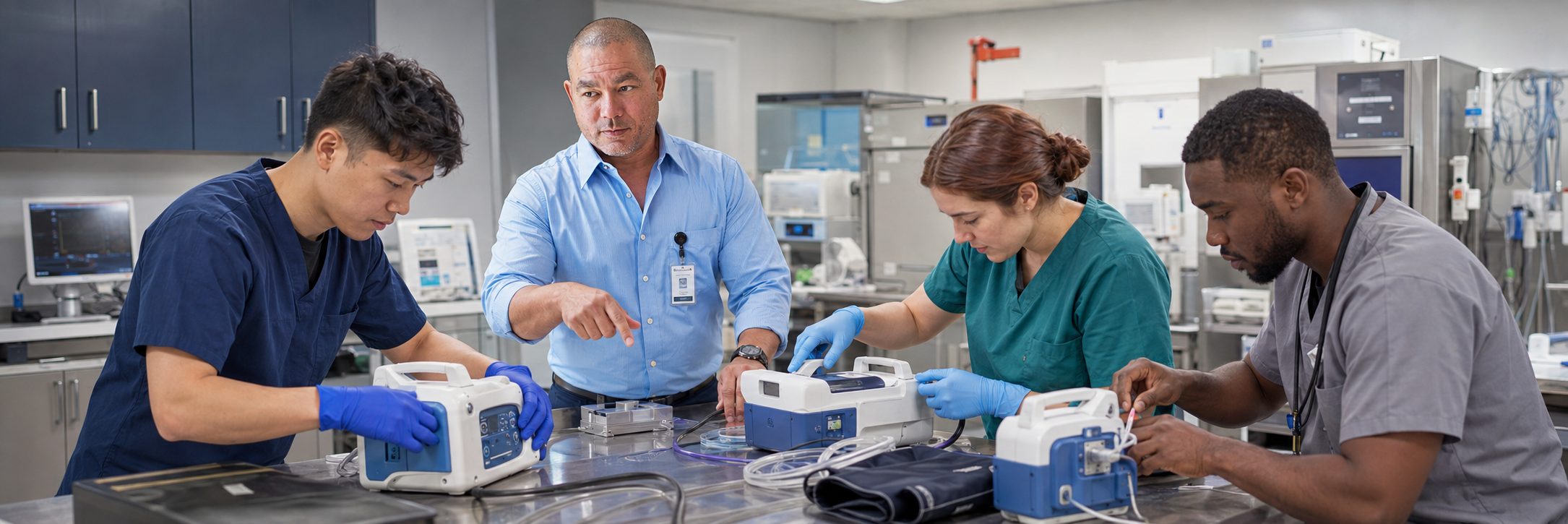 Biomedical technicians performing infusion pump preventive maintenance in an infusion suite