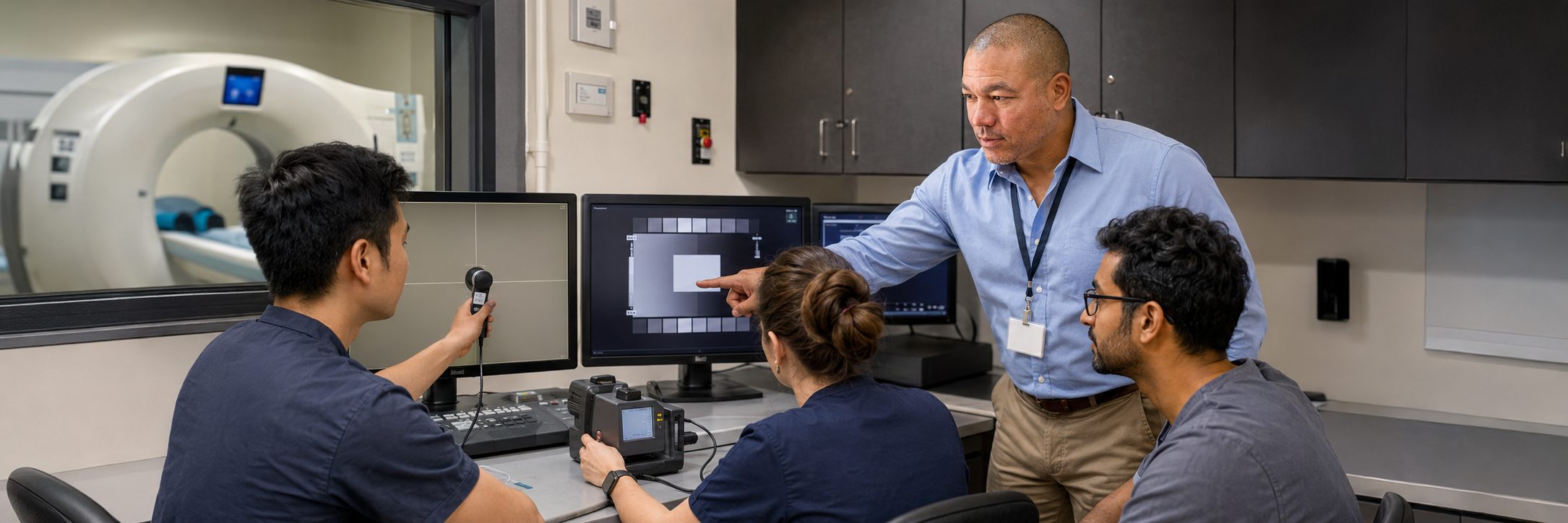Biomedical technicians performing infusion pump preventive maintenance in an infusion suite