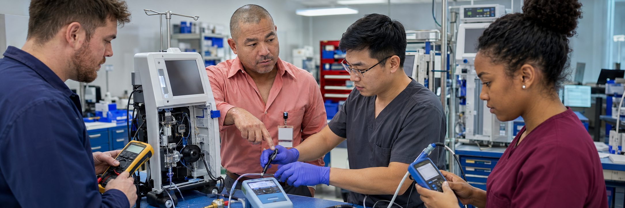 Biomedical technicians performing infusion pump preventive maintenance in an infusion suite