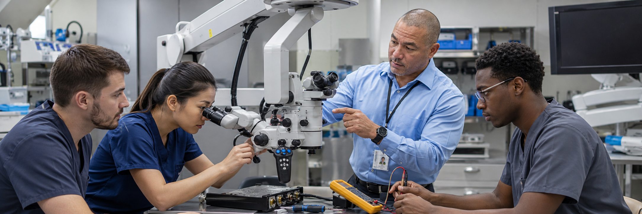 Biomedical technicians performing infusion pump preventive maintenance in an infusion suite