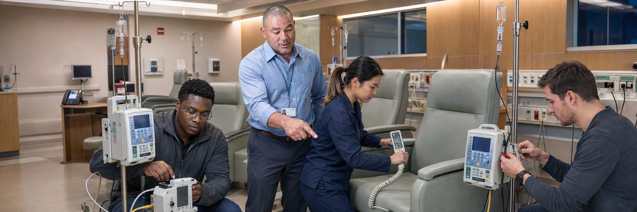 Biomedical technicians performing infusion pump preventive maintenance in an infusion suite