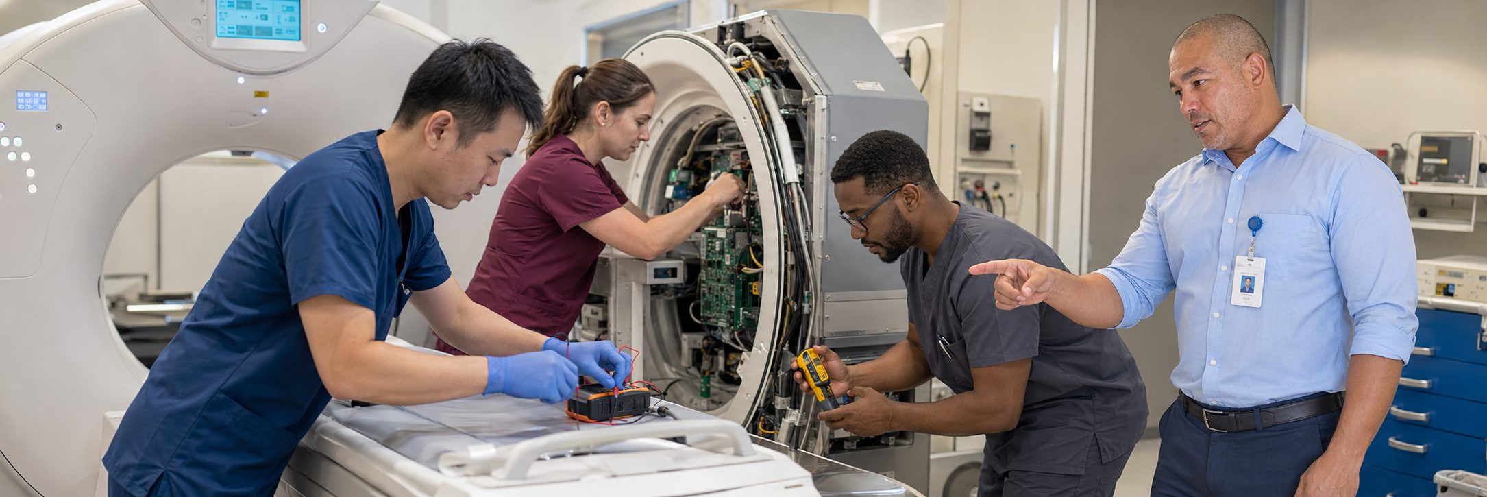 Biomedical technicians performing infusion pump preventive maintenance in an infusion suite