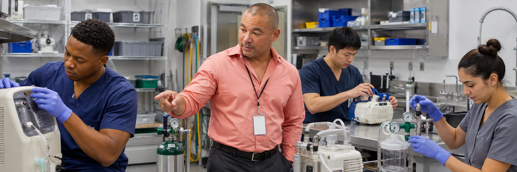 Biomedical technicians performing infusion pump preventive maintenance in an infusion suite