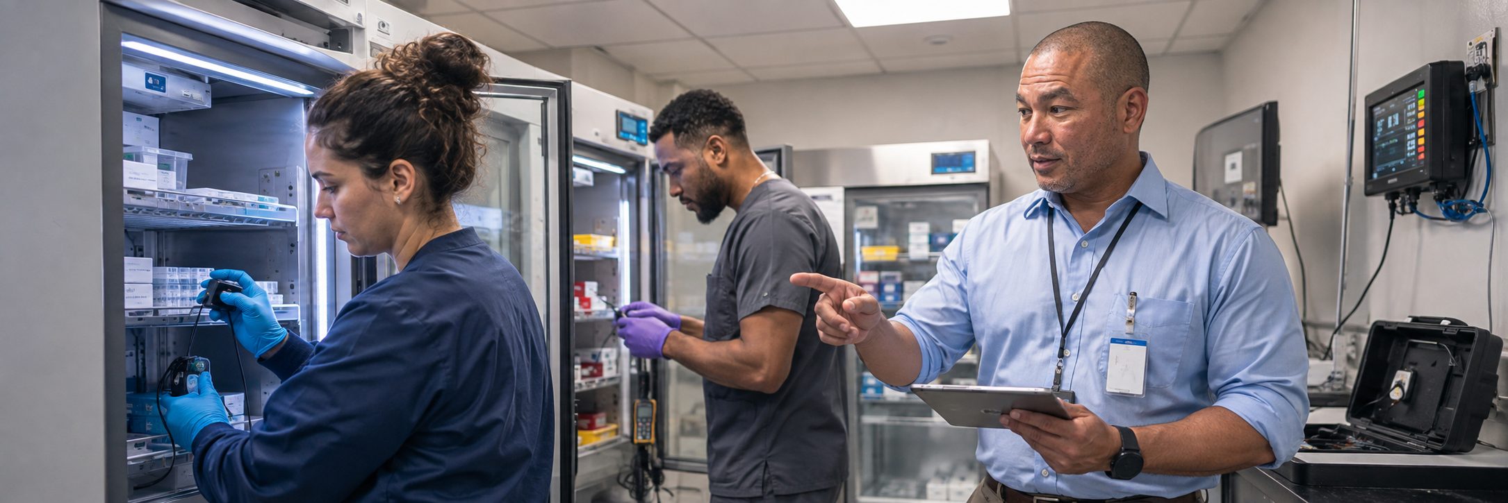 Biomedical technicians performing infusion pump preventive maintenance in an infusion suite