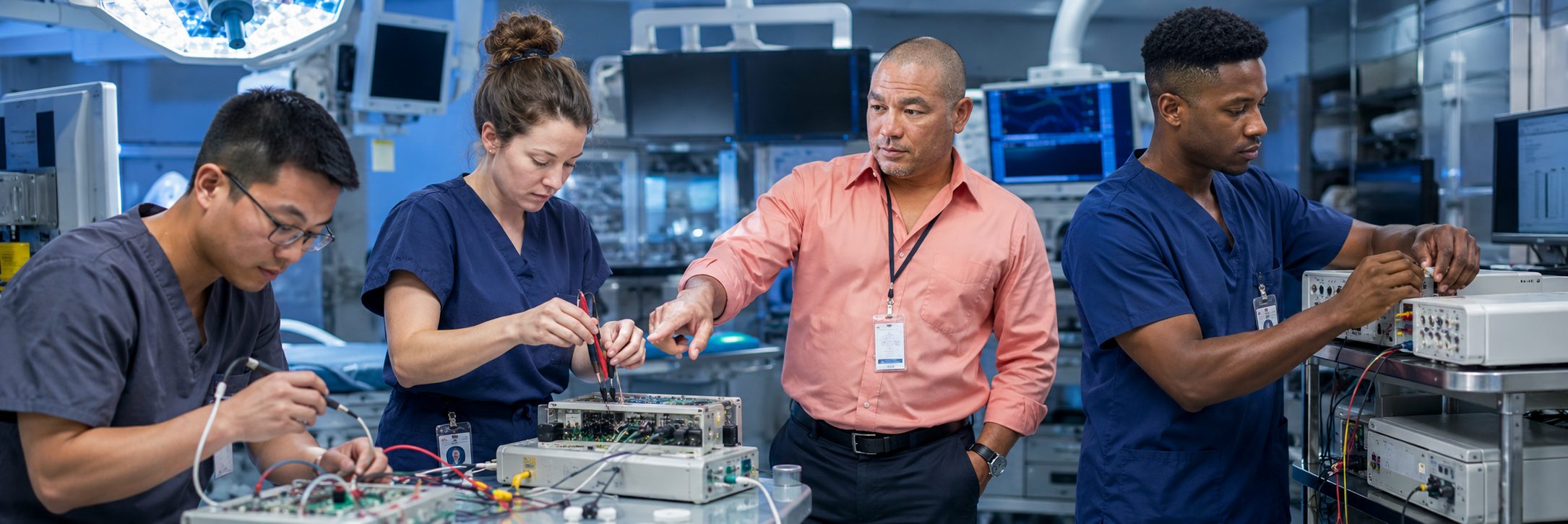 Biomedical technicians performing infusion pump preventive maintenance in an infusion suite