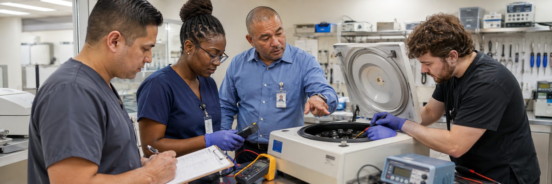 Infusion pump preventive maintenance and calibration | BiomedRx HTM services Biomedical technicians performing infusion pump preventive maintenance in an infusion suite