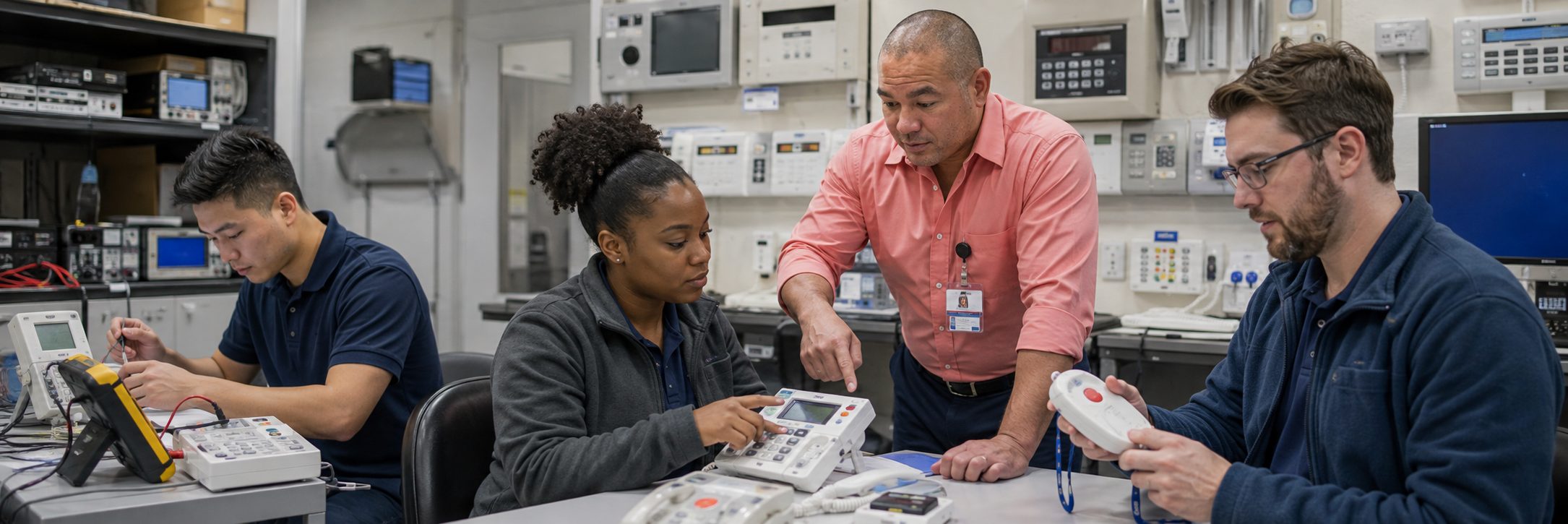 Biomedical technicians performing infusion pump preventive maintenance in an infusion suite