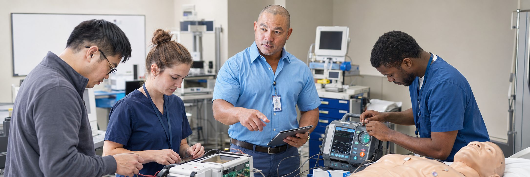 Biomedical technicians performing infusion pump preventive maintenance in an infusion suite