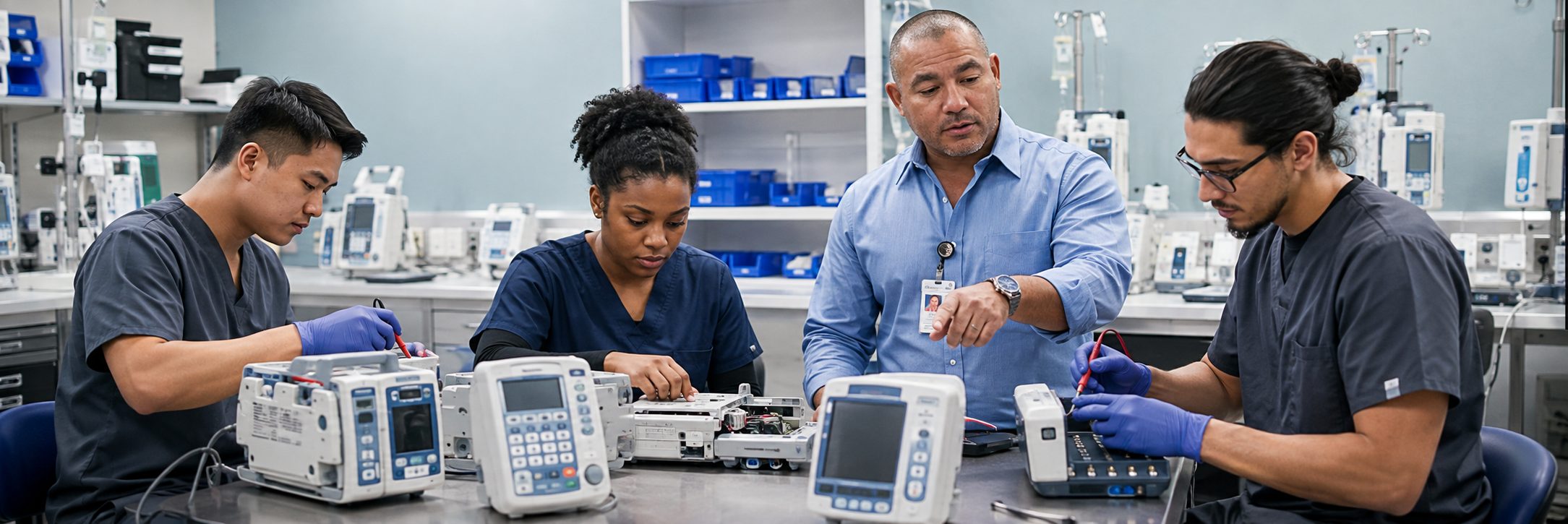 Biomedical technicians performing infusion pump preventive maintenance in an infusion suite