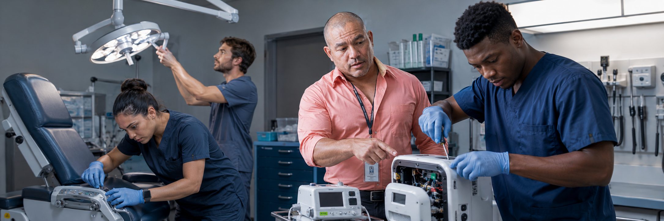 Infusion pump preventive maintenance and calibration | BiomedRx HTM services Biomedical technicians performing infusion pump preventive maintenance in an infusion suite