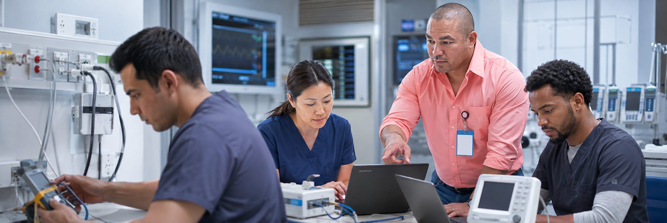 Biomedical technicians performing infusion pump preventive maintenance in an infusion suite