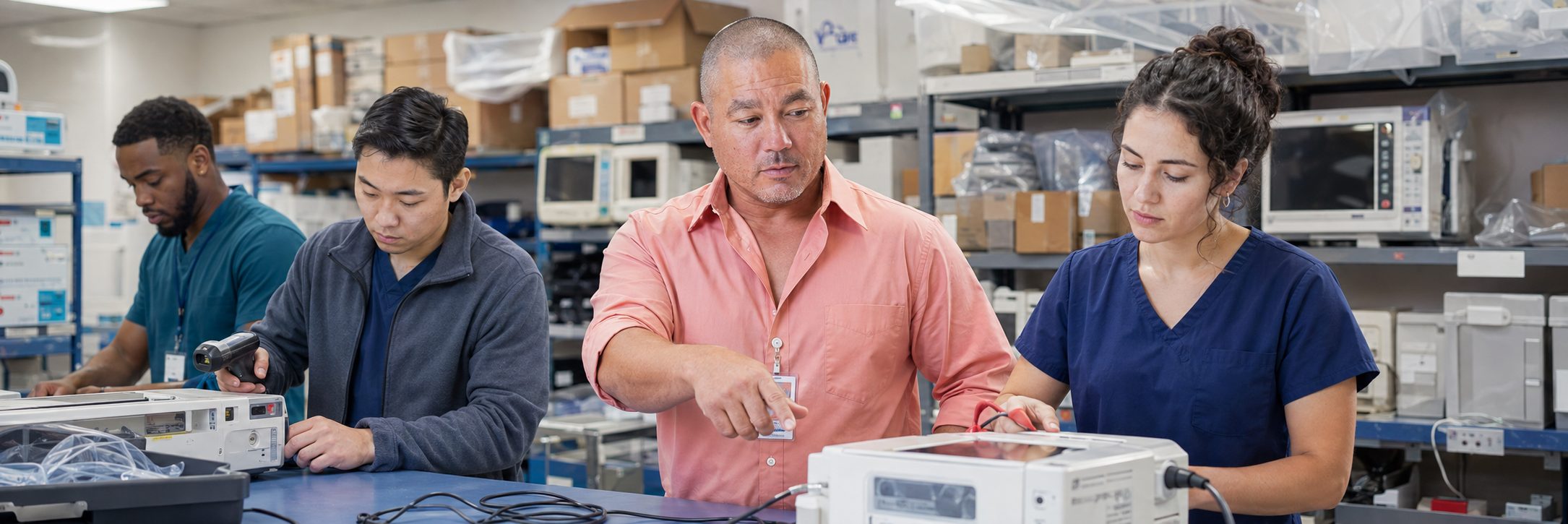 Biomedical technicians performing infusion pump preventive maintenance in an infusion suite