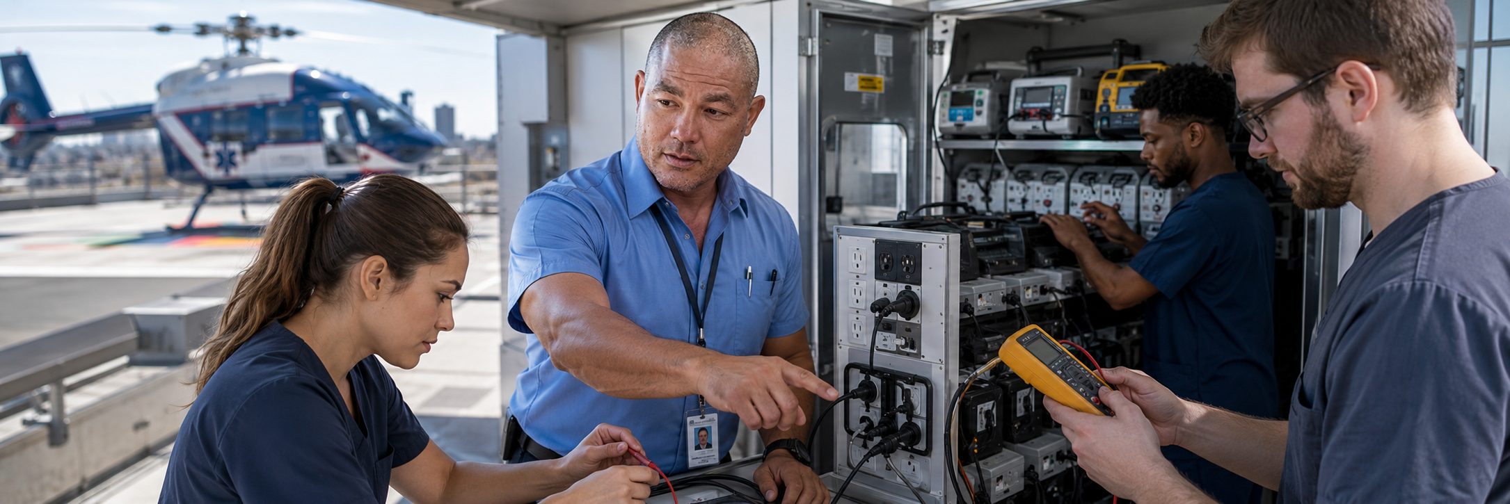 Biomedical technicians performing infusion pump preventive maintenance in an infusion suite