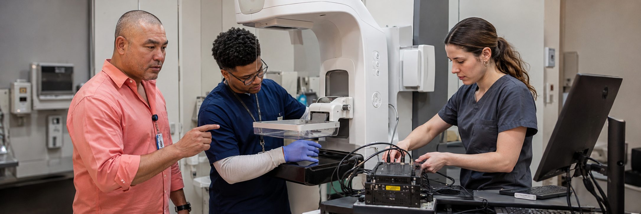 Medical imaging equipment service on a mammography system with test instrumentation