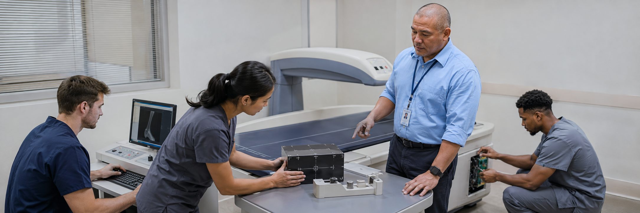 Medical imaging equipment service on a mammography system with test instrumentation