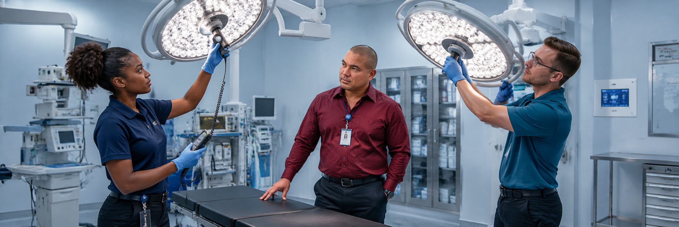 HTM technicians inspecting operating room surgical lights during scheduled service