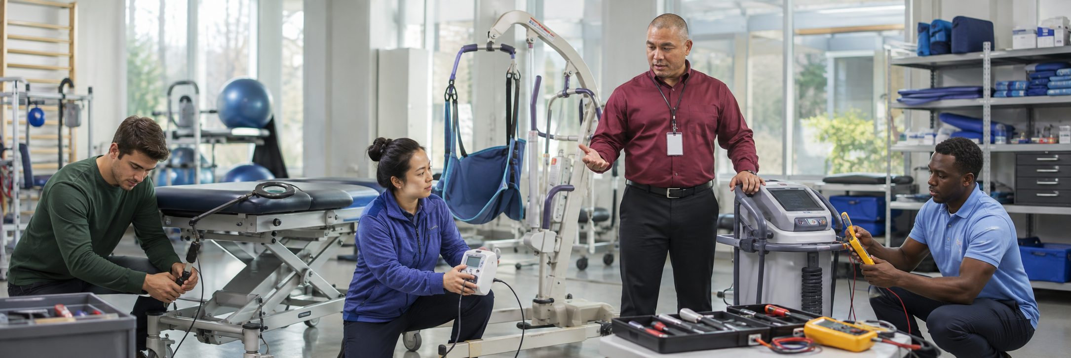 HTM technicians inspecting operating room surgical lights during scheduled service