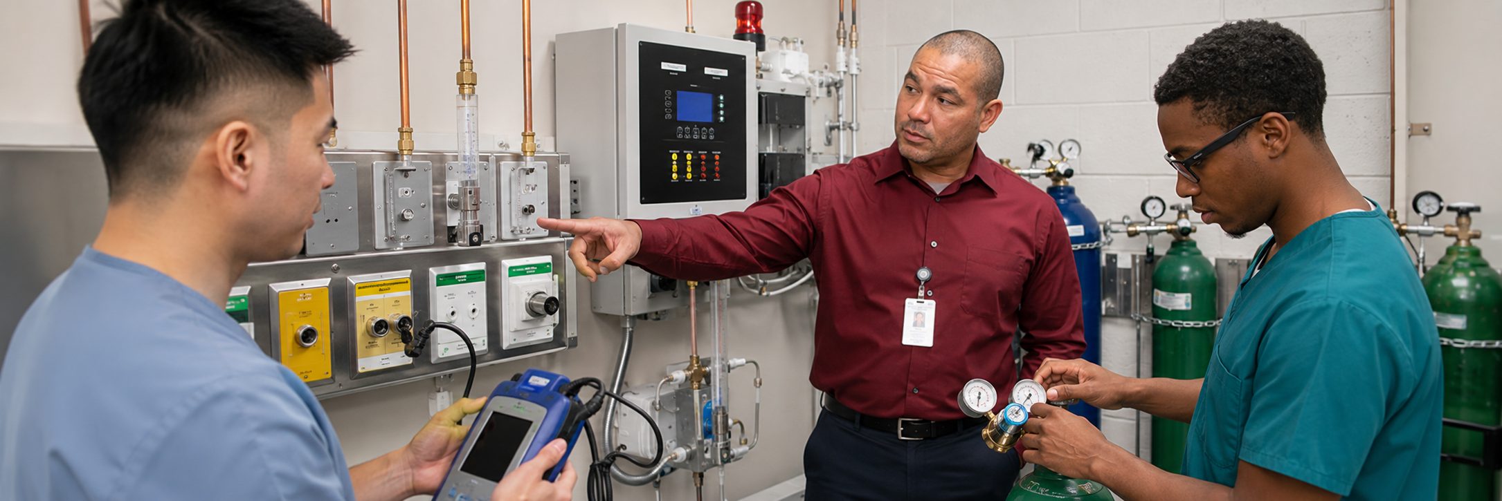 HTM technicians inspecting operating room surgical lights during scheduled service