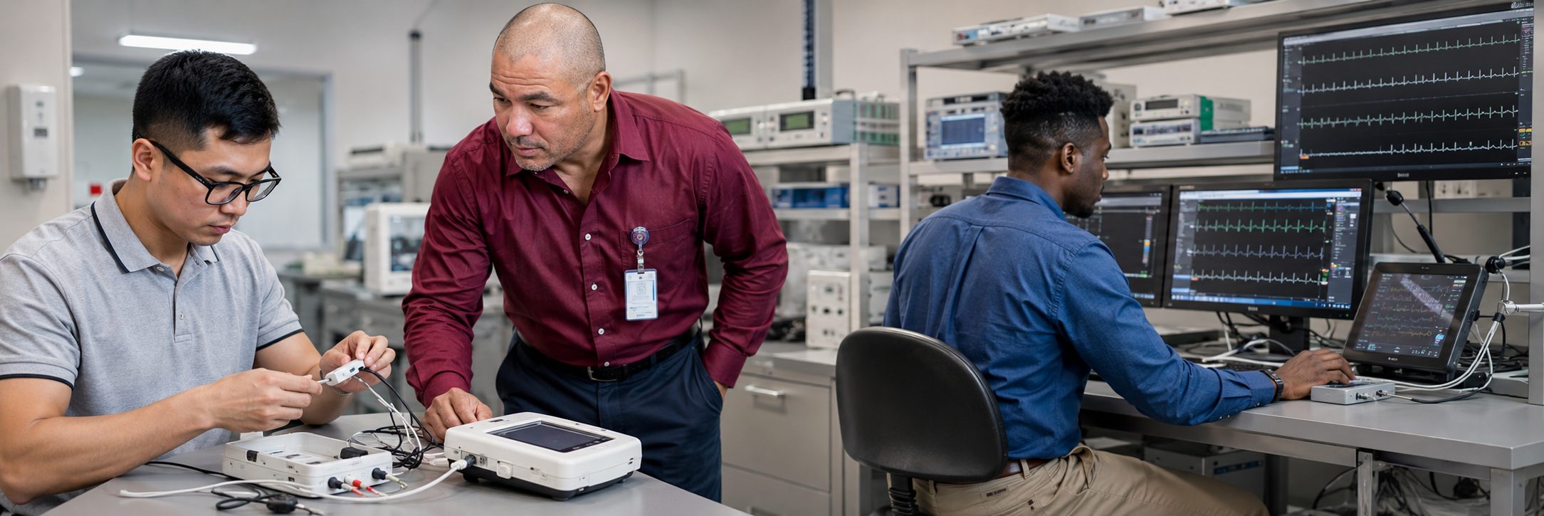 HTM technicians inspecting operating room surgical lights during scheduled service