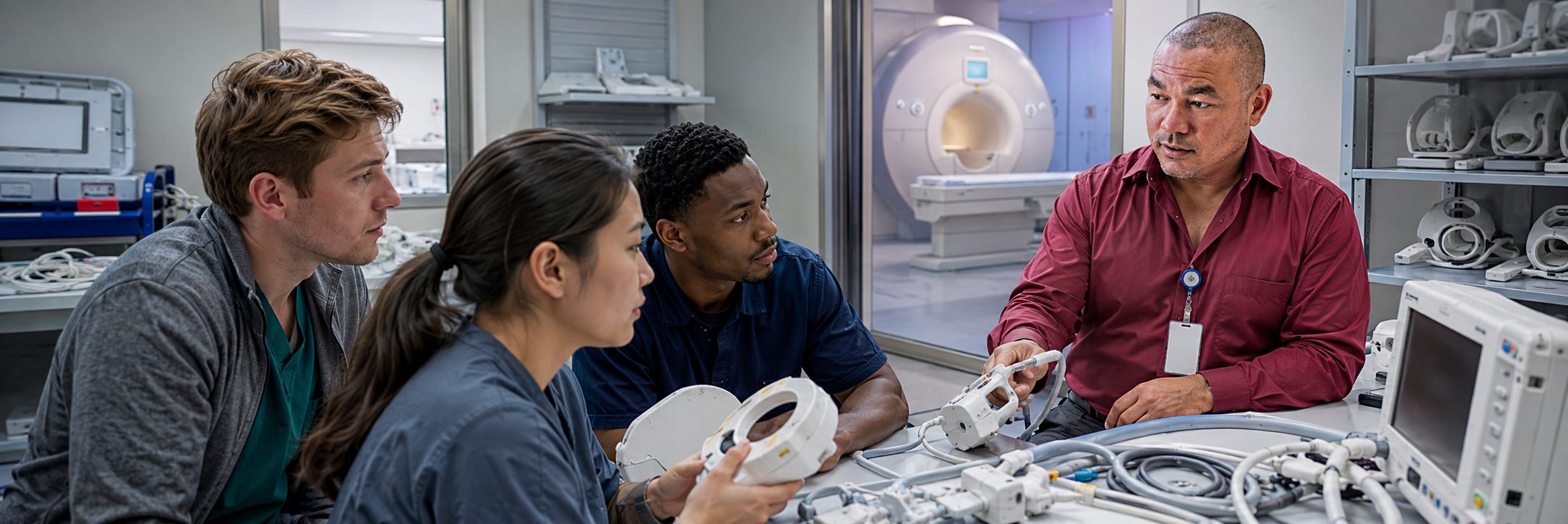 HTM technicians inspecting operating room surgical lights during scheduled service