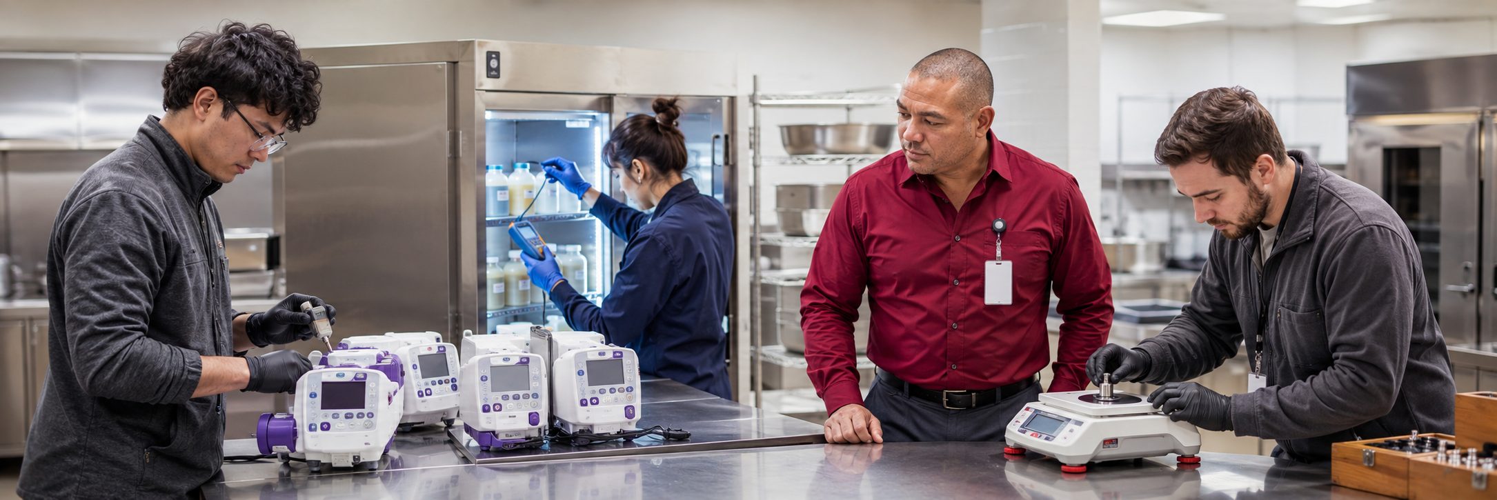 HTM technicians inspecting operating room surgical lights during scheduled service