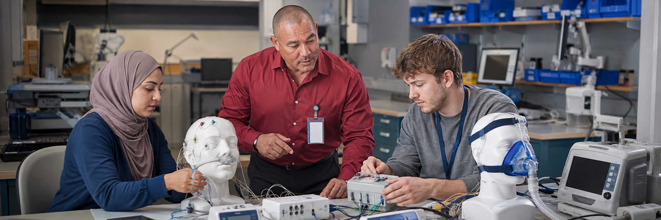HTM technicians inspecting operating room surgical lights during scheduled service