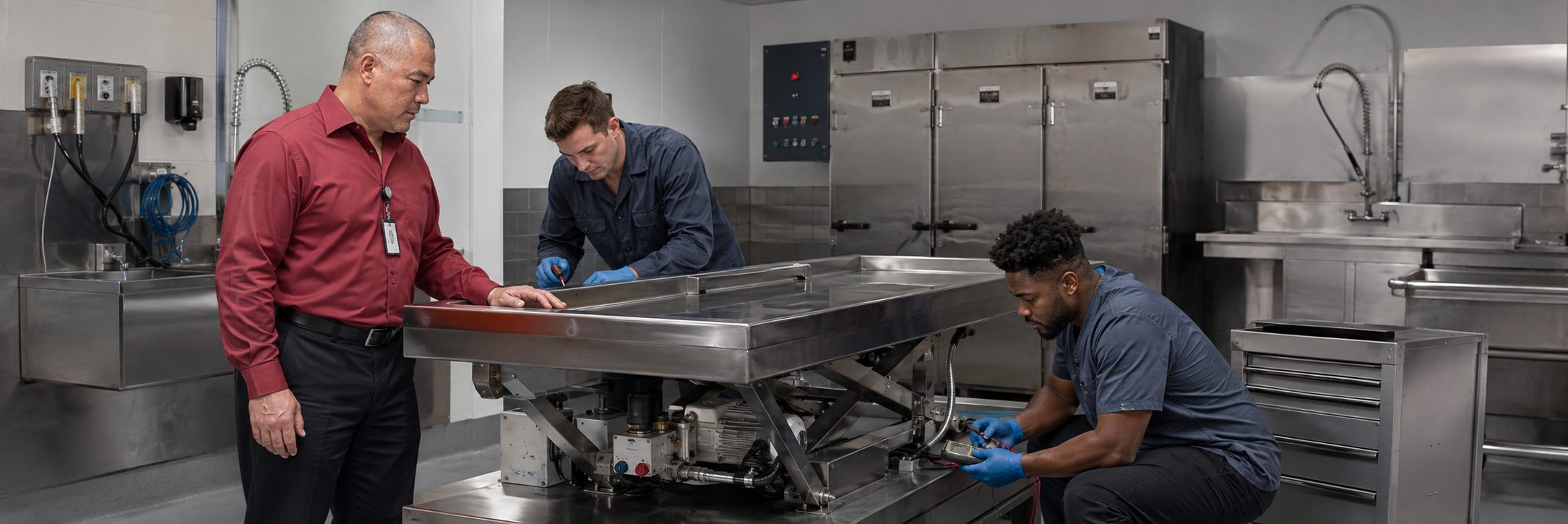 HTM technicians inspecting operating room surgical lights during scheduled service
