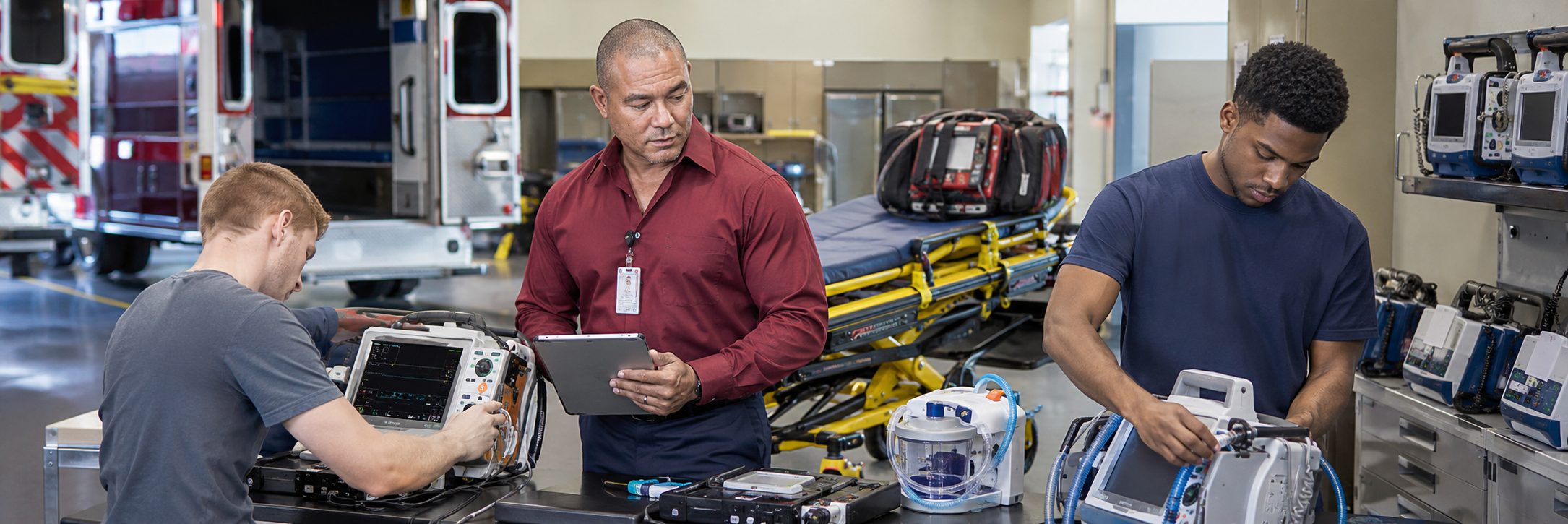 HTM technicians inspecting operating room surgical lights during scheduled service