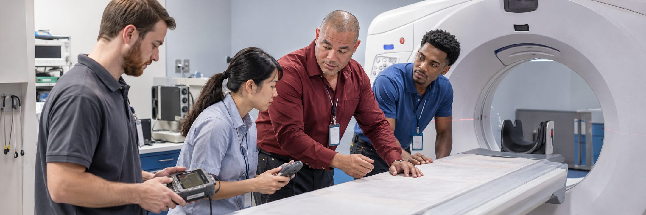 Operating room surgical light inspection and service | BiomedRx HTM services HTM technicians inspecting operating room surgical lights during scheduled service