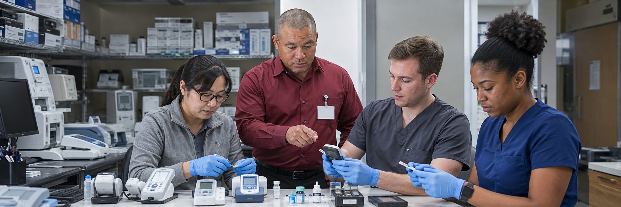 HTM technicians inspecting operating room surgical lights during scheduled service