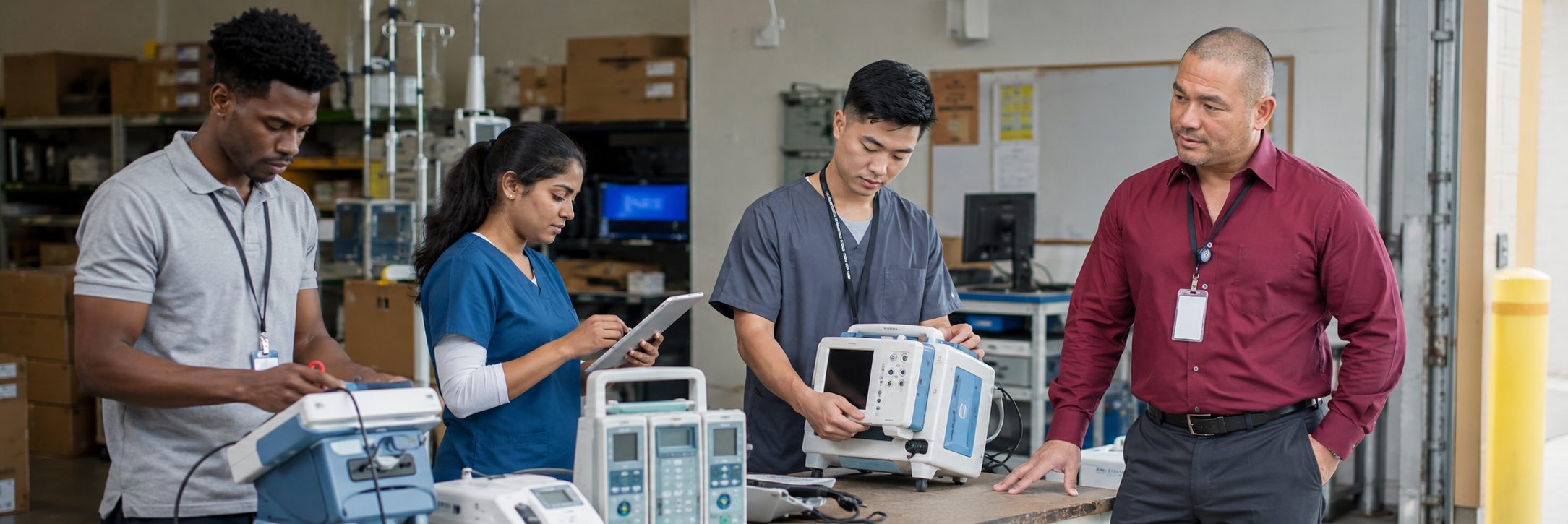 HTM technicians inspecting operating room surgical lights during scheduled service